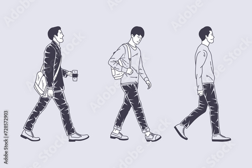Set of outline illustrations of walking man