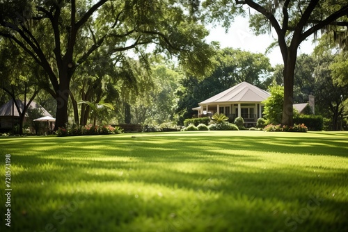 Exquisite house landscape. lawnmower perfectly trimming lush green lawn - mid-journey inspiration photo
