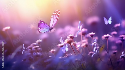 realistic photo Beautiful wildflowers chamomile  purple peas  butterfly in morning mist in nature macro close-up. generative ai
