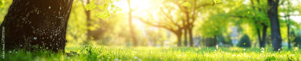 Meadow with lots of white spring daisy flowers in natural park in spring. Nature floral background in early summer with fresh green grass.