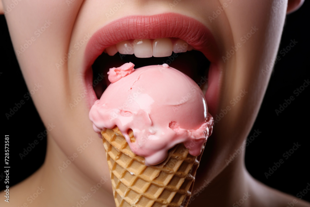 Woman eating strawberry ice cream close up Woman eating strawberry ice cream close up