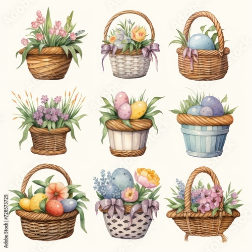 Easter Wicker baskets with spring flowers,painted eggs in watercolor on white background.