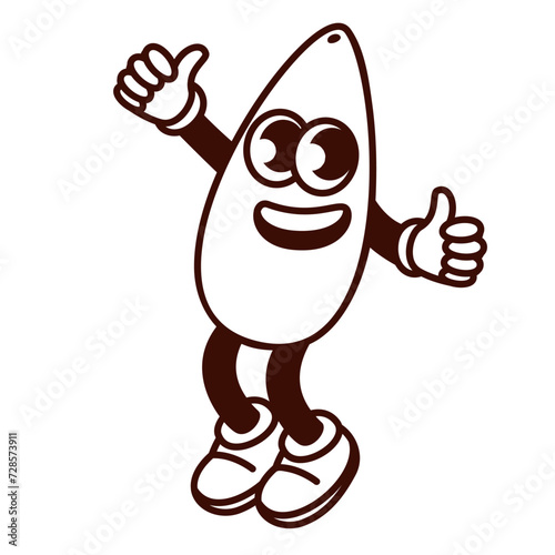 Groovy cartoon monochrome chia seed character jumping with laughter. Funny retro positive grain with thumbs up, jump of happy chia mascot, cartoon superfood sticker of 70s 80s style vector