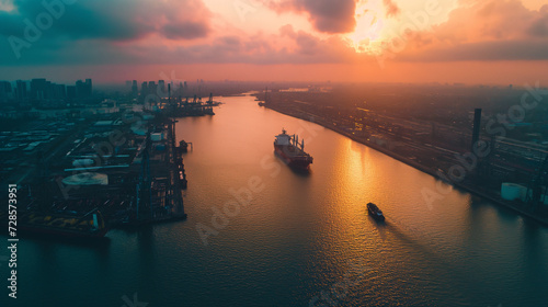 A bird's-eye view of industrial factories and shipping ports along the river as the evening sun reflects on the calm river. Amidst the colorful sky and tranquil nature