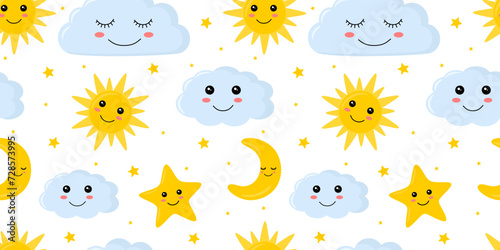 Seamless pattern with baby cute kawaii characters of star, sun, moon and clouds on white background. Trendy repeating texture for kid children. Funny and sleepy faces. Colored flat vector illustration