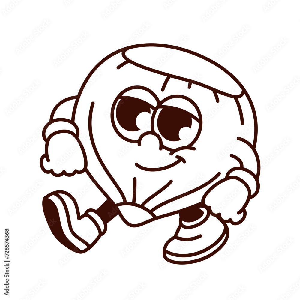 Groovy cartoon monochrome hazelnut character walking. Funny retro nut in shell, hazelnut mascot in confident pose, cartoon filbert emoji and seed sticker of 70s 80s style vector illustration Groovy cartoon monochrome hazelnut character walking. Funny retro nut in shell, hazelnut mascot in confident pose, cartoon filbert emoji and seed sticker of 70s 80s style vector illustration