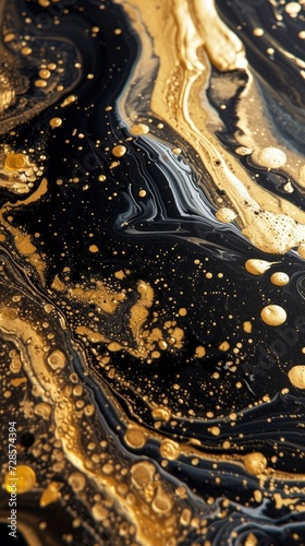 a Gold and Black swirl pattern wallpaper with bubbles, in the style of conceptual painting, delicate chromatics, fluid acrylics, white background, mixes painting and ceramics - generative ai © Nia™