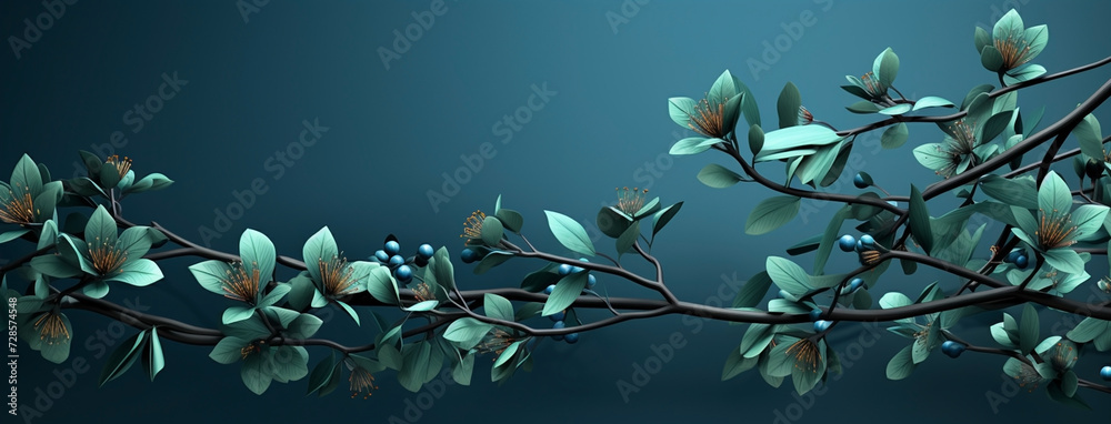 Beautiful wide panoramic plant branch with small flowers and leaves, wallpaper banner in blue color background Beautiful wide panoramic plant branch with small flowers and leaves, wallpaper banner in blue color background