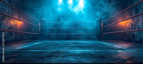 Boxing ring in a spacious empty sports club. Arena for professional boxing matches, illuminated by powerful spotlights. Blue and red lighting. photo
