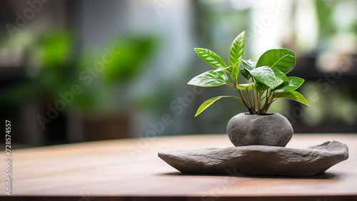 Green leaves in a pot made of stone on wooden table with copy space