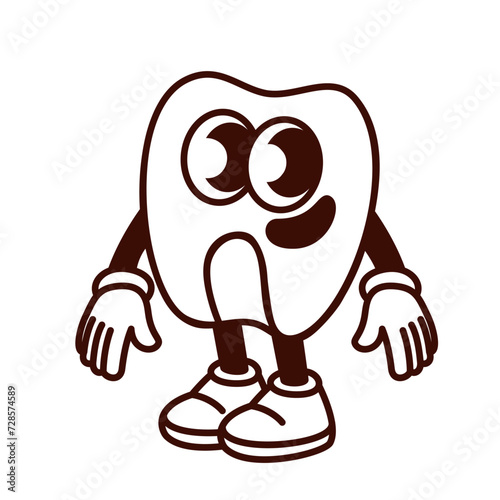 Groovy cartoon monochrome corn seed character with smile and big eyes. Funny retro maize kernel for sweet popcorn, corn mascot. Cartoon sweetcorn emoji, food sticker 70s 80s style vector illustration