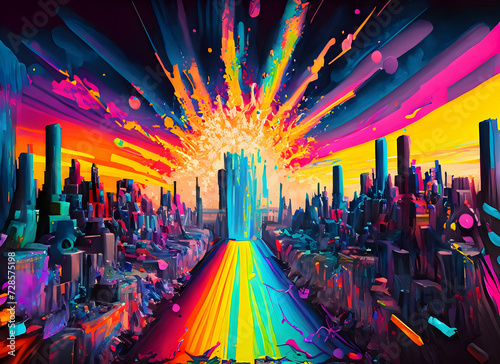 Abstract exploding photon City scape acrylic paint maximalism on digital art concept, Generative AI.
