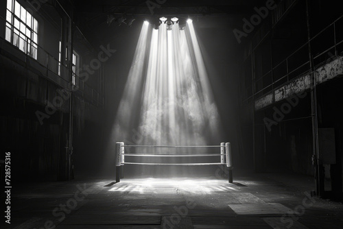 Boxing ring in a spacious empty sports club. Arena for professional boxing matches, illuminated by powerful spotlights. Black and white image. © Georgii
