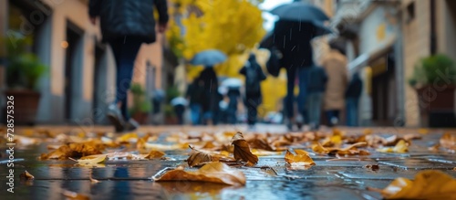 Blur obscures faces as people walk by with rain gear and leaves litter the wet sidewalk of a Udine alley on a rainy autumn day. photo