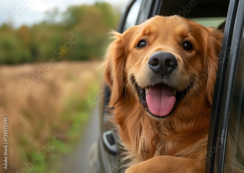 A golden retriever sticking head out driving car window
