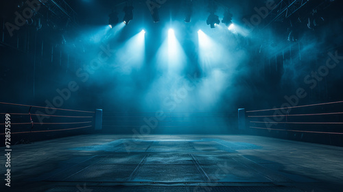 Boxing ring in a spacious empty sports club. Arena for professional boxing matches, illuminated by powerful spotlights.
