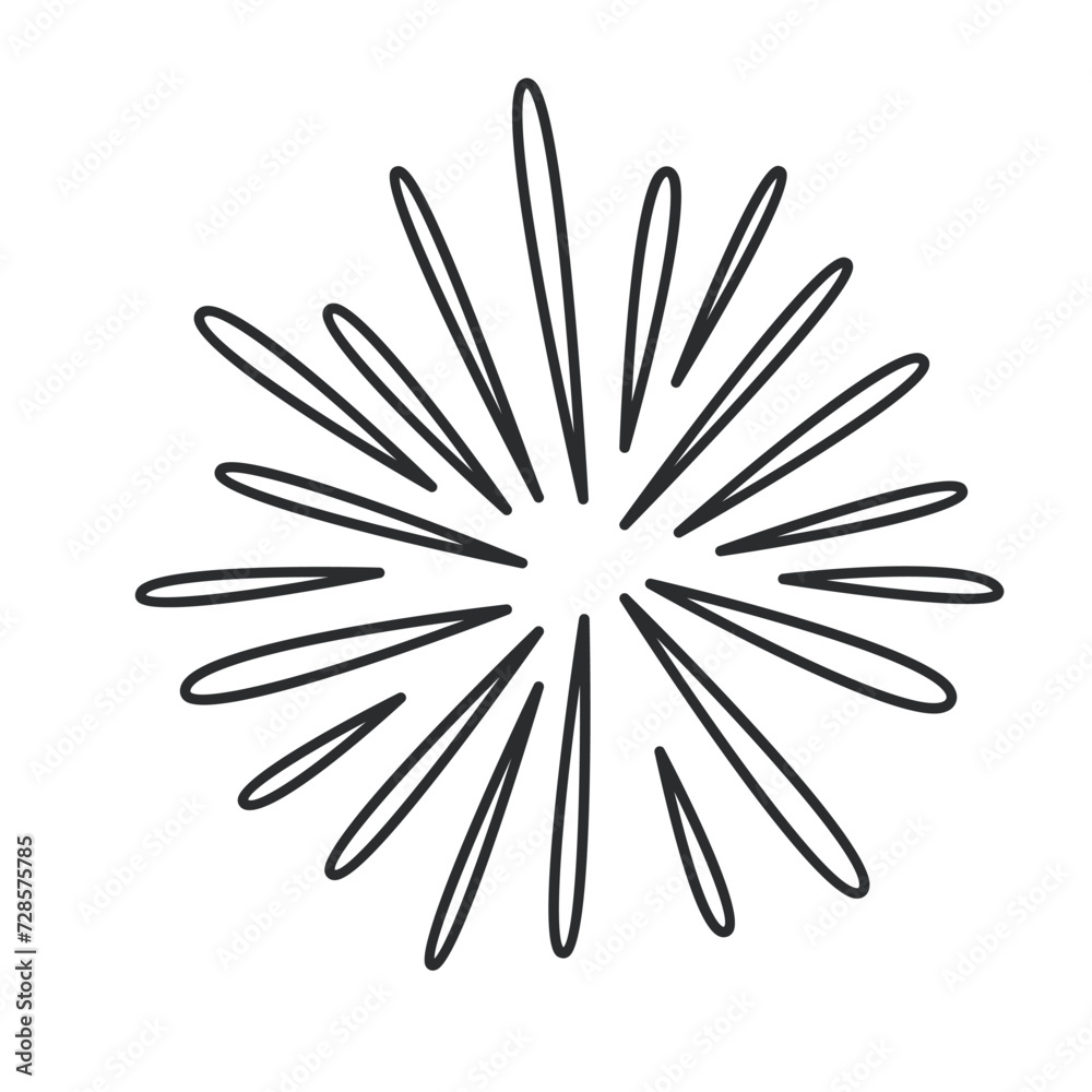 Fireworks or firecracker explosion line icon. Thin black outline silhouette of flash of sparks, radial firework burst monochrome icon, anniversary or birthday party element vector illustration Fireworks or firecracker explosion line icon. Thin black outline silhouette of flash of sparks, radial firework burst monochrome icon, anniversary or birthday party element vector illustration