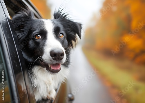 A border collie sticking head out driving car window  © Pi Pi