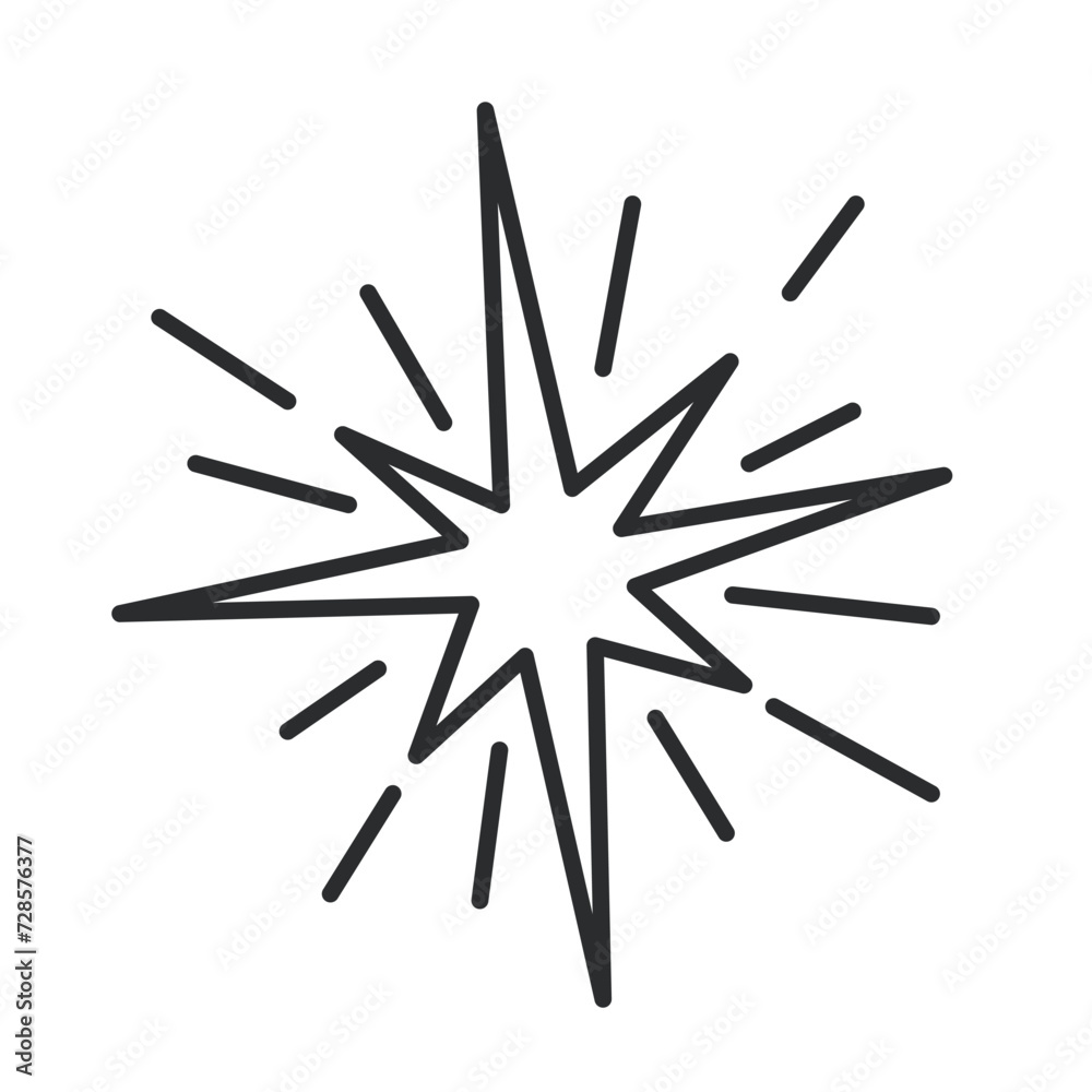 Sparkling star with rays of fire and sparks line icon. Thin black outline silhouette of bright sparkles explosion in sky, firework of star shape monochrome icon, festive element vector illustration Sparkling star with rays of fire and sparks line icon. Thin black outline silhouette of bright sparkles explosion in sky, firework of star shape monochrome icon, festive element vector illustration