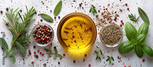 Fototapeta Naklejka Na Ścianę i Meble -  olive oil, herbs and spices, top view on white background
