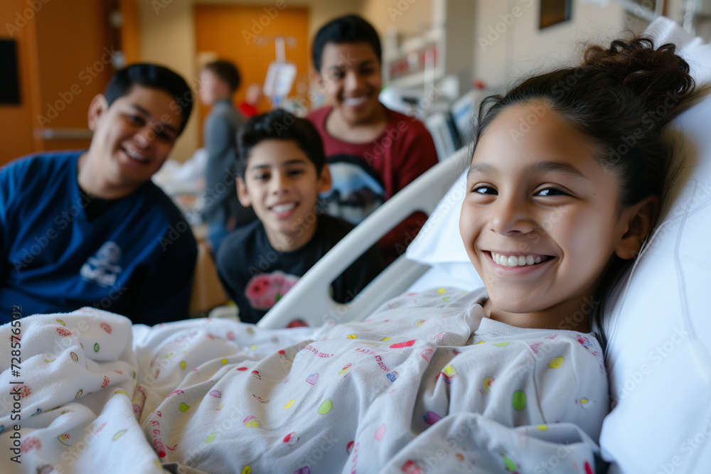 Young Girl Smiling in Hospital Bed with Family Visiting