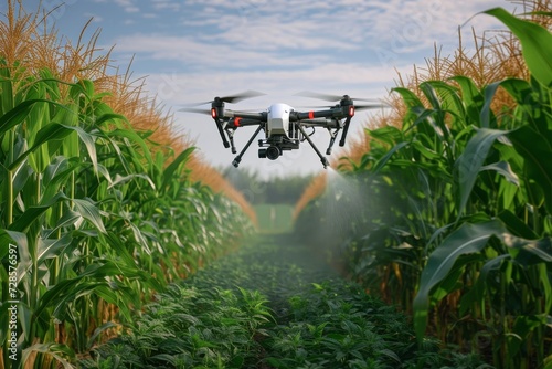 Capturing the vibrant beauty of summer, a drone soars above a picturesque landscape of lush green fields, billowing clouds, and the delicate growth of crops