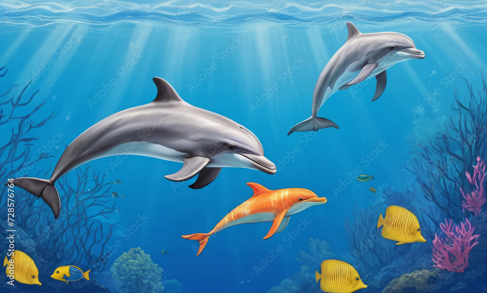 Dolphins under water at the coral reef
with tropical fishes. Underwater world of the ocean.
Algae, corals and sea anemones on the seabed. Dolphins under water at the coral reef
with tropical fishes. Underwater world of the ocean.
Algae, corals and sea anemones on the seabed.