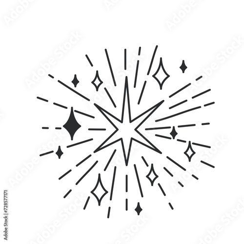 Starburst with stars and sparks explosion line icon. Thin black outline silhouette of carnival firework  stars with radial light rays and fire monochrome icon  sparkle element vector illustration