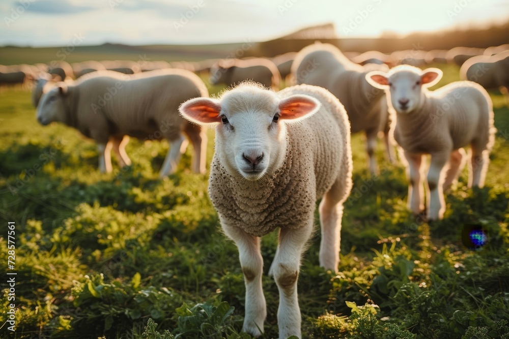 Fototapeta premium A tranquil scene of a herd of woolly sheep standing in a lush, grassy meadow on a farm, surrounded by the beauty of nature and the harmony of animal and plant life