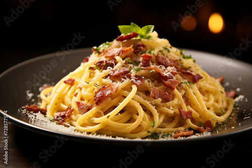 Close-up of creamy carbonara pasta garnished with parsley and bacon on a dark plate with a warm, blurred background.