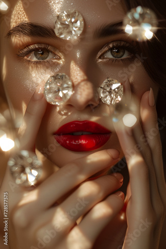 A beautiful model holding her hands to her face with bright red lips, with diamonds falling and surrounding her.
