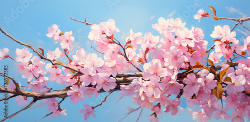 a painting of flowers with blue sky that is pink and pink, in the style of digital painting