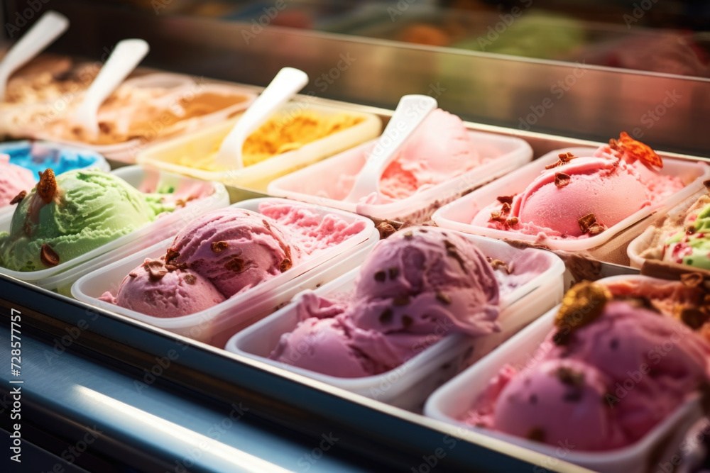 Delicious ice creams in display case in the confectioner's ice cream shop