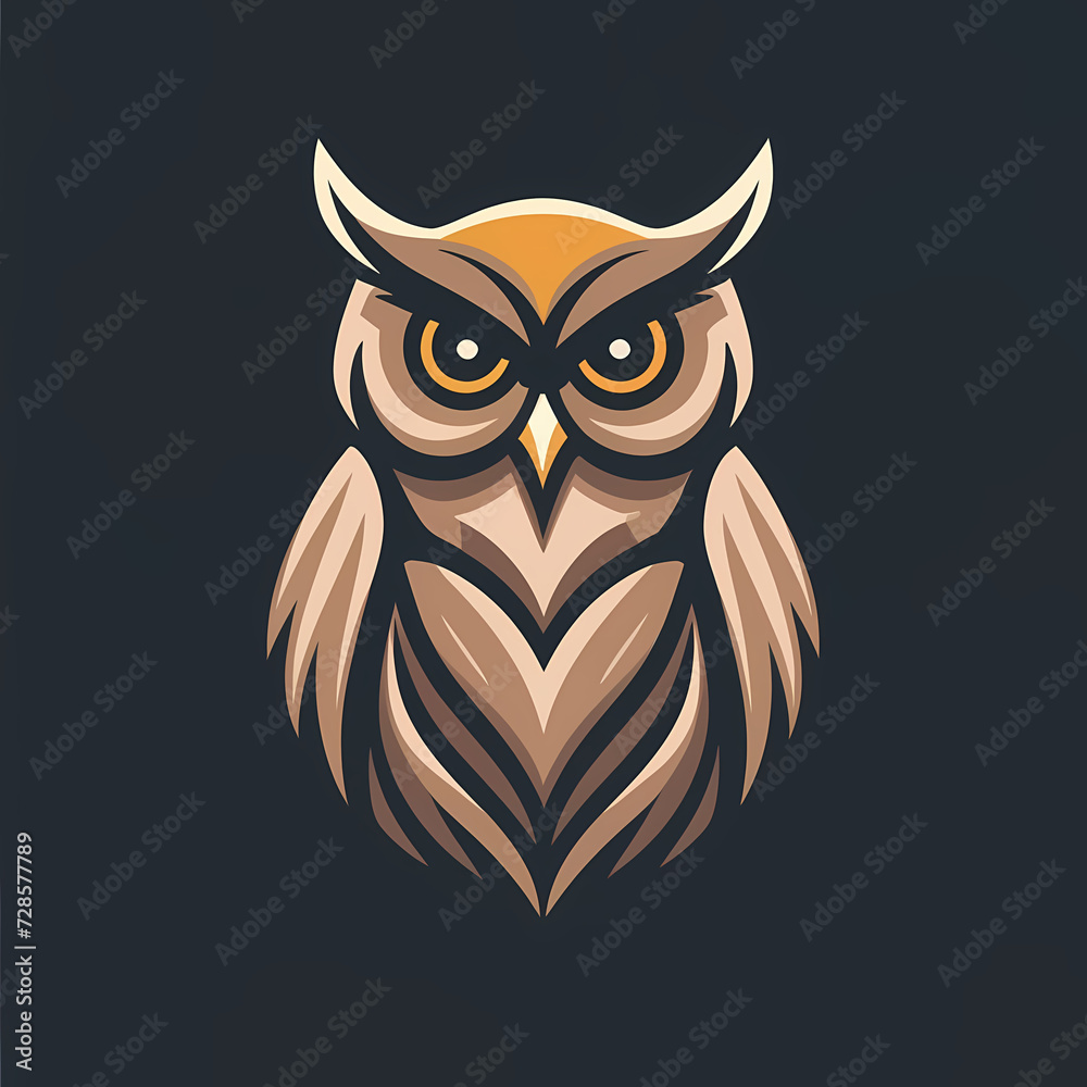 Artistic logo of a vector majestic owl in a flat design, symbolizing wisdom.