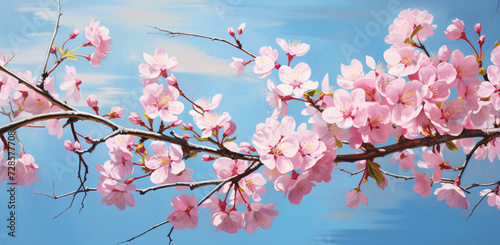 a painting of flowers with blue sky that is pink and pink, in the style of digital painting
