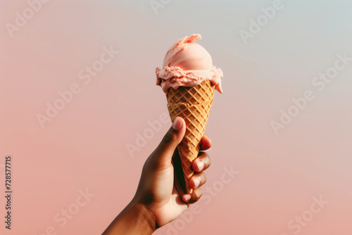 Hand holding strawberry ice cream cone