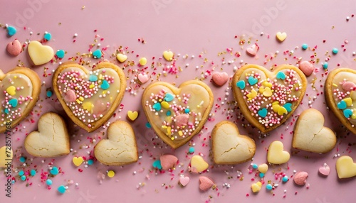 Heart-shaped cookies with sprinkles on pink background. Delicious and sweet pastry. Top view