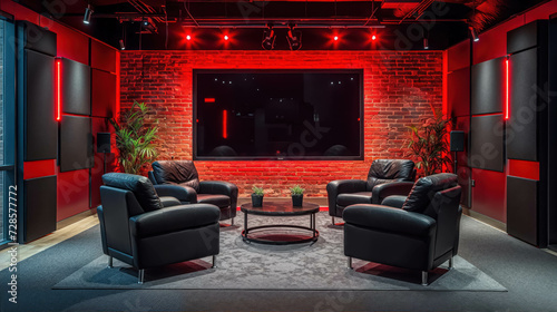 Modern Empty Podcast Studio Room. Stylish Red-Hued Interview Space. Ambient Lighting, Perfect for Engaging Conversations photo