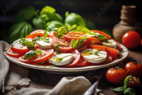 Classic Caprese Salad with Tomato, Mozzarella, Olive Oil and Balsamic Vinegar