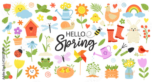 Cute spring elements set. Hello spring lettering. Springtime stickers for poster and greeting cards. Hand drawn vector illustration