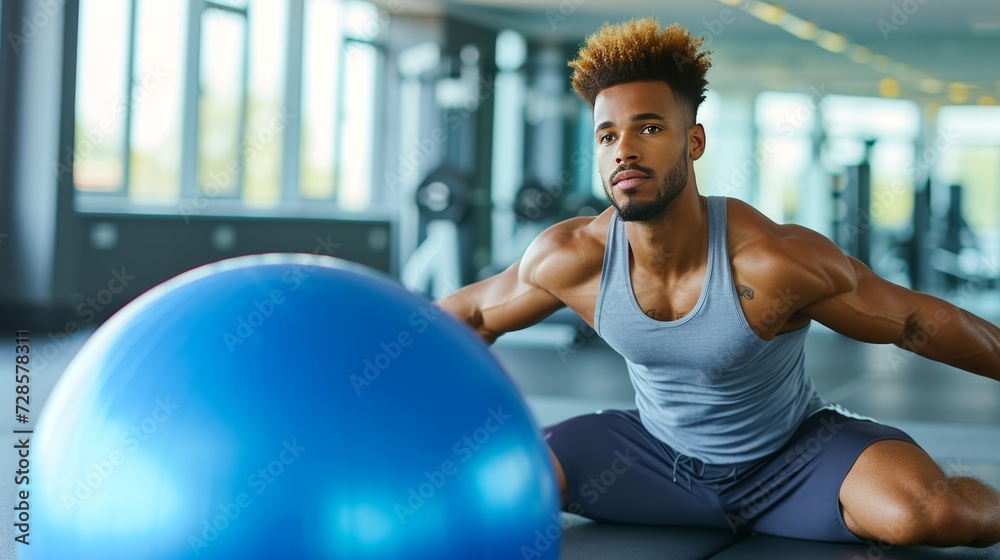 Focused Man Exercising with Stability Ball in Gym