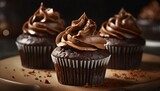 Chocolate cupcakes with beige ganache frosting. Dessert with whipped cream. Sweet and tasty food.