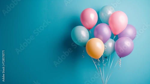 A minimalist party scene highlighting a frame and floating balloons in a rainbow of colors