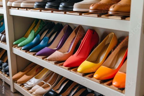 A vibrant array of shoes adorns the neatly organized shelf, offering a glimpse into the owner's eclectic indoor collection and their love for stylish footwear