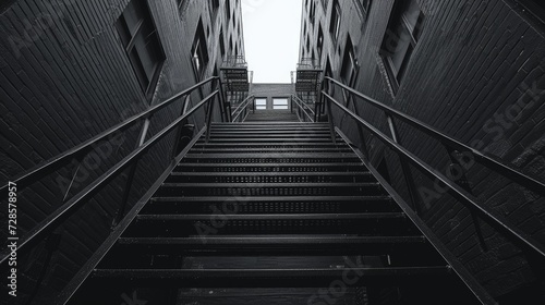 A monochromatic shot of a fire escape staircase, epitomizing urban utility and aesthetics