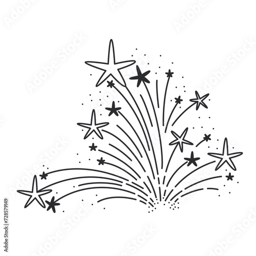 Sparkle and explode stars in fireworks line icon. Thin black outline silhouette of bright magic burst of light and stars, flying sparks monochrome icon, firecracker fire element vector illustration
