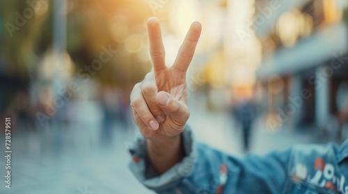 Close-up of male hand raising two fingers victory symbol, background image, generative AI