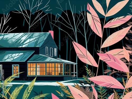 Enchanting Cabin: Bright Illustration, Ideal for Editorial Magazines and Abstract Botanical Concepts photo