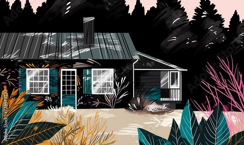 Enchanting Cabin: Bright Illustration, Ideal for Editorial Magazines and Abstract Botanical Concepts photo