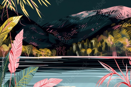 Mountains and Rivers: Dark Teal and Light Black Forest Illustration, Perfect for Lively Nature Studies
